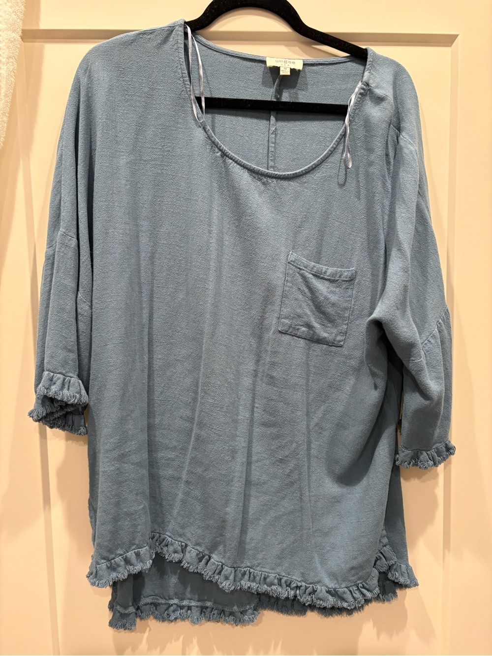 Umgee Light Blue Ruffle-Hem Pullover Blouse
